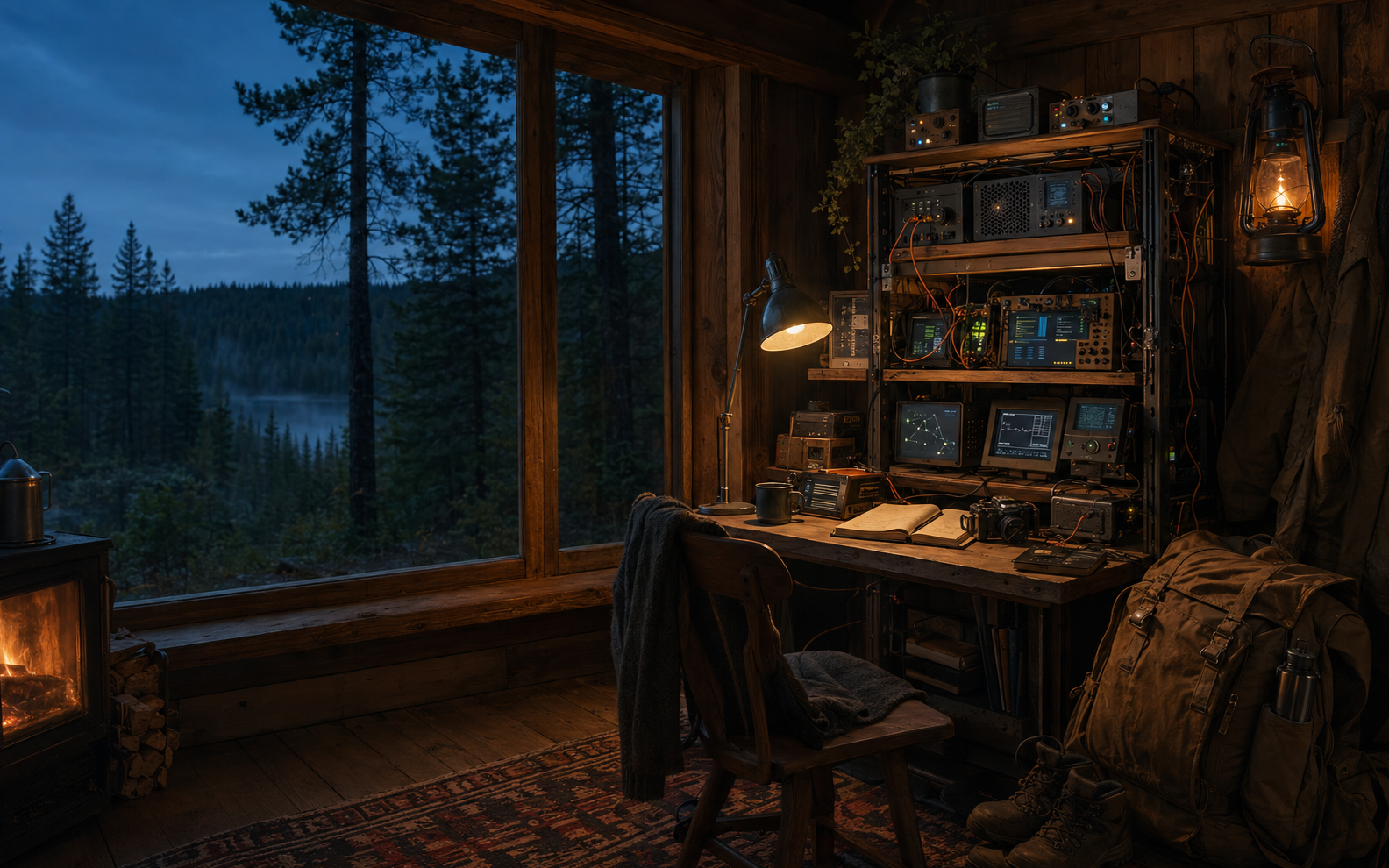 A warm timber cabin workshop with home-built computers glowing beside a window overlooking a pine forest
